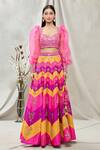 Buy_Vandana Sethi_Pink Dupion Silk Chevron, Mirror Sweetheart Neck Embroidered Lehenga Set_Online_at_Aza_Fashions