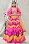 Buy_Vandana Sethi_Pink Dupion Silk Chevron, Mirror Sweetheart Neck Embroidered Lehenga Set_at_Aza_Fashions