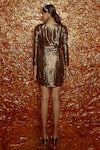 Shop_Nirmooha_Brown Lurex Metallic Draped Dress_at_Aza_Fashions