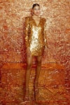 Nirmooha_Gold Foil Georgette Embroidered Sequins V Neck Embellished Dress _Online_at_Aza_Fashions
