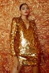 Buy_Nirmooha_Gold Foil Georgette Embroidered Sequins V Neck Embellished Dress _Online_at_Aza_Fashions