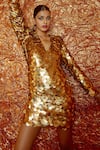 Shop_Nirmooha_Gold Foil Georgette Embroidered Sequins V Neck Embellished Dress _Online_at_Aza_Fashions