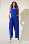 Buy_Kharakapas_Blue Poplin Solid Round Front Tie-up Jumpsuit _at_Aza_Fashions