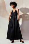 Buy_Kharakapas_Black Poplin Solid V Neck Sand Castel Fit And Flare Gown  _Online_at_Aza_Fashions