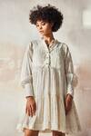 Shop_Kharakapas_White Mulmul Polka Embroidered Dress_Online_at_Aza_Fashions