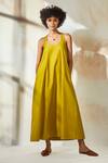 Buy_Kharakapas_Yellow Cotton Twill Solid Round Cross Back Dress  _at_Aza_Fashions