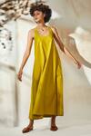 Kharakapas_Yellow Cotton Twill Solid Round Cross Back Dress  _Online_at_Aza_Fashions