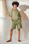 Kharakapas_Green Linen Notched Lapel Collar Shirt And Bermuda Shorts Set_Online_at_Aza_Fashions