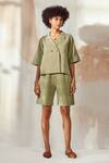 Buy_Kharakapas_Green Linen Notched Lapel Collar Shirt And Bermuda Shorts Set_Online_at_Aza_Fashions