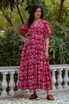 Shop Rivaaj Clothing Red Cotton Sunflower Print Dress at Aza Fashions Shop_Rivaaj Clothing_Red Cotton Sunflower Print Dress_at_Aza_Fashions