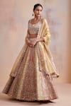 Buy_Suhino_Orange Tissue Embroidered Zari Work Leaf Neck Mirror Bridal Lehenga Set _at_Aza_Fashions