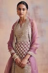 Suhino_Purple Organza Embroidered Zari Work Round Notched Mirror Kurta Gharara Set _Online_at_Aza_Fashions