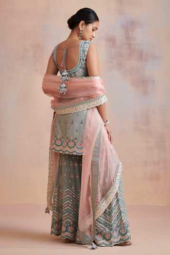 Shop_SUHINO_Blue Organza, Georgette, Slub Silk Mirror , Resham Kurta Gharara Set _at_Aza_Fashions