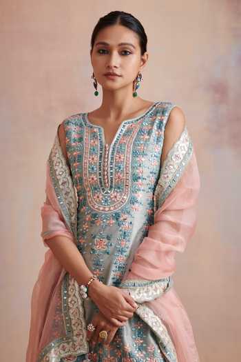 SUHINO_Blue Organza, Georgette, Slub Silk Mirror , Resham Kurta Gharara Set _Online_at_Aza_Fashions