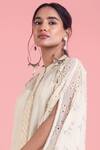 Saundh_White Bamberg Cotton Floral, Lace Work, Schiffli Band Collar Print Kaftan Dress_at_Aza_Fashions