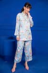 Buy_Mani Bhatia_Blue Cotton Satin Floral Motifs Shirt Collar Print And Pant Set _at_Aza_Fashions