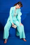 Mani Bhatia_Blue Organza, Banana Crepe Plain Open Scallop Blazer And Pant Set _Online_at_Aza_Fashions