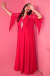 Buy_Mani Bhatia_Red Georgette Embroidered Jewel Stone Jumpsuit V Neck Cut-out With Cape _at_Aza_Fashions