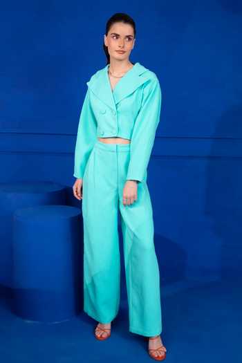 Buy_Mani Bhatia_Blue Moss Crepe Plain Lapel Collar Short Blazer And Pant Set _at_Aza_Fashions