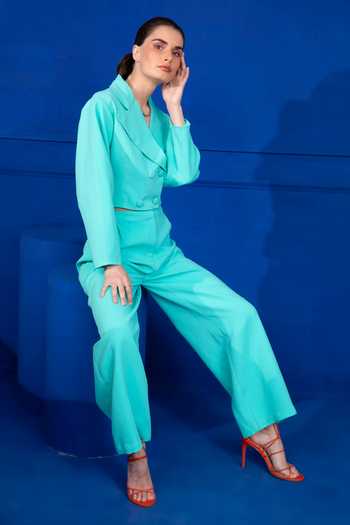 Shop_Mani Bhatia_Blue Moss Crepe Plain Lapel Collar Short Blazer And Pant Set _at_Aza_Fashions