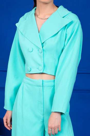 Mani Bhatia_Blue Moss Crepe Plain Lapel Collar Short Blazer And Pant Set _Online_at_Aza_Fashions
