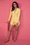 Shop_Mani Bhatia_Yellow Banana Crepe Solid Lapel Collar Scalloped Blazer And Short Set _at_Aza_Fashions