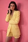 Mani Bhatia_Yellow Banana Crepe Solid Lapel Collar Scalloped Blazer And Short Set _Online_at_Aza_Fashions