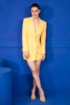 Buy_Mani Bhatia_Yellow Moss Crepe Solid Notched Lapel Collar Jewelled Button Blazer Dress _at_Aza_Fashions