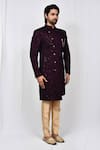 Aryavir Malhotra_Maroon Art Silk Embroidered Paisley Sherwani Set _Online_at_Aza_Fashions