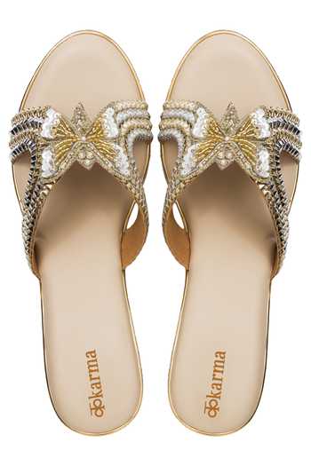 Shop_Kkarma Accessories_Silver Embroidery Titlie Platform Wedges _at_Aza_Fashions