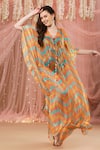 Aayushi Maniar_Multi Color Chiffon Chevron Print V Neck Kaftan_Online_at_Aza_Fashions