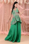 Buy_Aayushi Maniar_Green Korean Georgette Embroidered Zardozi Printed Peplum Kurta And Gharara Set _at_Aza_Fashions