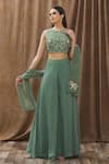 Buy_Gaurav Katta_Green Georgette Embroidery Thread Round Crop Top And Palazzo Set _at_Aza_Fashions