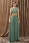 Buy_Gaurav Katta_Green Georgette Embroidery Thread Round Crop Top And Palazzo Set _Online_at_Aza_Fashions