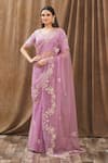 Buy_Gaurav Katta_Purple Organza, Moda Silk Floral, Pearl, Thread, Embroidered Saree With Blouse _at_Aza_Fashions