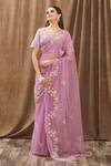 Gaurav Katta_Purple Organza, Moda Silk Floral, Pearl, Thread, Embroidered Saree With Blouse _Online_at_Aza_Fashions