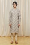 Gaurav Katta_Beige Linen Printed Chevron Kurta _Online_at_Aza_Fashions