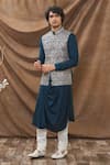 Buy_Kora By Nilesh Mitesh_Blue Mysore Silk Embroidered Thread Work Floral Bundi Kurta Set _at_Aza_Fashions