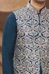 Shop_Kora By Nilesh Mitesh_Blue Mysore Silk Embroidered Thread Work Floral Bundi Kurta Set _Online_at_Aza_Fashions