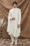 Buy_Kora By Nilesh Mitesh_White Handloom Fabric Embroidered Thread Work Sherwani Set _at_Aza_Fashions