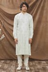 Kora By Nilesh Mitesh_White Handloom Fabric Embroidered Thread Work Sherwani Set _Online_at_Aza_Fashions