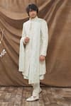 Buy_Kora By Nilesh Mitesh_White Handloom Fabric Embroidered Thread Work Sherwani Set _Online_at_Aza_Fashions