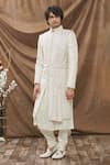 Buy_Kora By Nilesh Mitesh_White Raw Silk Embroidered Thread Work Geometric Sherwani Set _at_Aza_Fashions