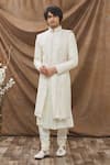 Buy_Kora By Nilesh Mitesh_White Raw Silk Embroidered Thread Work Geometric Sherwani Set _Online_at_Aza_Fashions