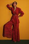 Buy_Miku Kumar_Red Georgette Floral Print Collared Neck Arabella Jacket And Gharara Set_at_Aza_Fashions