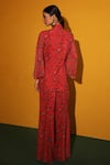 Shop_Miku Kumar_Red Georgette Floral Print Collared Neck Venice Asymmetric Jacket And Pant Set_at_Aza_Fashions