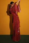Miku Kumar_Red Georgette Floral Print Collared Neck Venice Asymmetric Jacket And Pant Set_Online_at_Aza_Fashions
