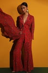 Buy_Miku Kumar_Red Georgette Floral Print Collared Neck Venice Asymmetric Jacket And Pant Set_Online_at_Aza_Fashions
