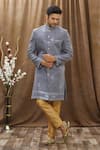 Buy_Arihant Rai Sinha_Grey Heavy Imported Silk Embroidered Thread Work Floral Sherwani Set _at_Aza_Fashions