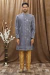 Arihant Rai Sinha_Grey Heavy Imported Silk Embroidered Thread Work Floral Sherwani Set _Online_at_Aza_Fashions